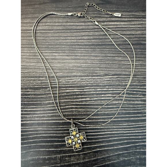 6/$25 VINTAGE 1928 Silver Tone Yellow Rhinestone Cross Necklace - Picture 2 of 6